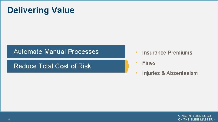 Delivering Value Automate Manual Processes Reduce Total Cost of Risk 4 • Insurance Premiums