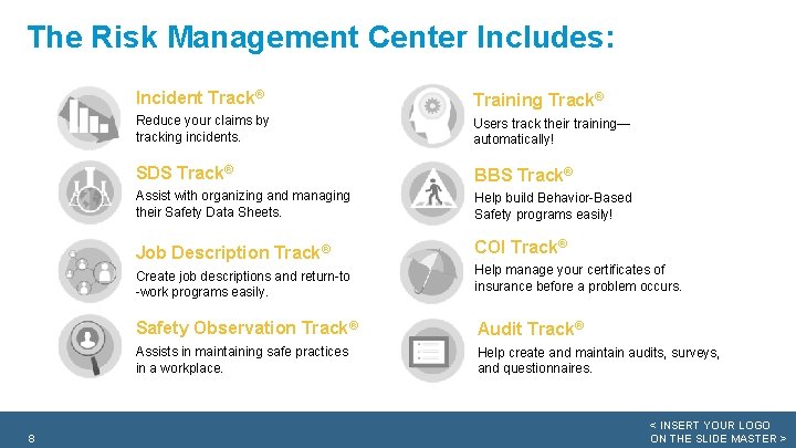 The Risk Management Center Includes: 8 Incident Track® Training Track® Reduce your claims by