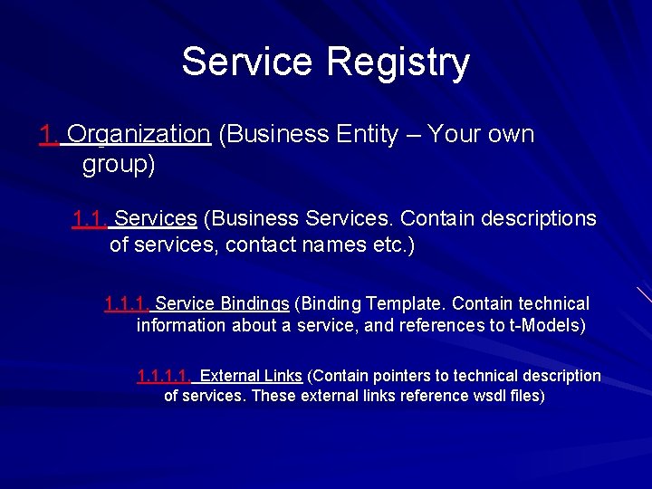 Service Registry 1. Organization (Business Entity – Your own group) 1. 1. Services (Business