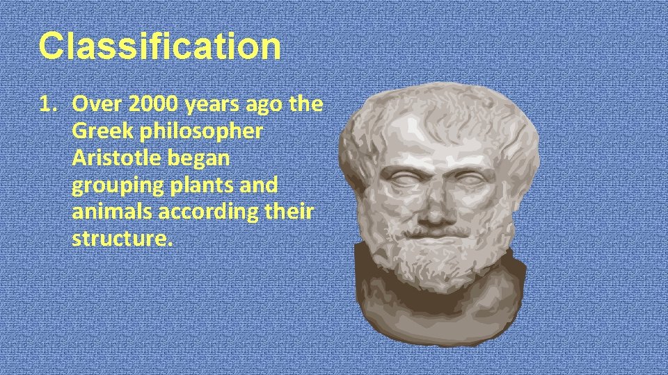 Classification 1. Over 2000 years ago the Greek philosopher Aristotle began grouping plants and