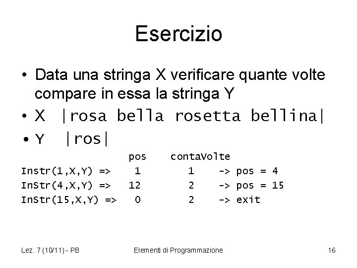 Esercizio • Data una stringa X verificare quante volte compare in essa la stringa