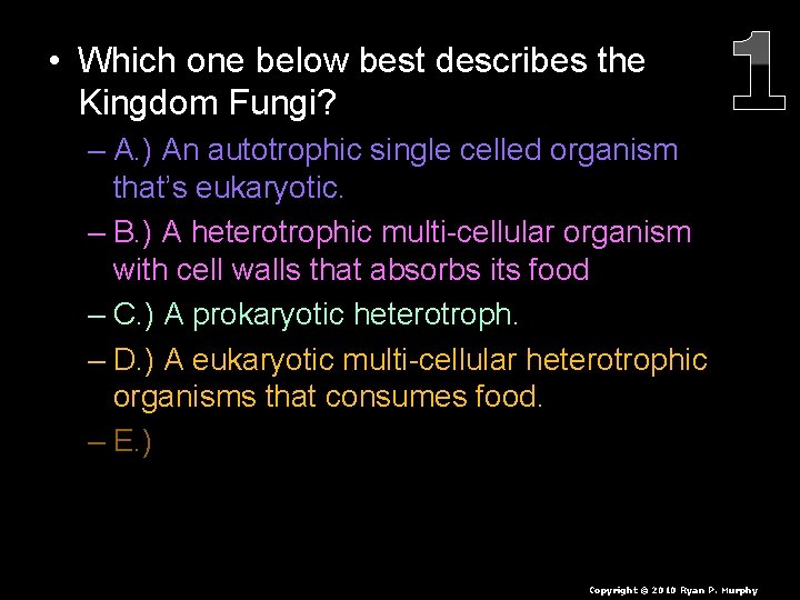  • Which one below best describes the Kingdom Fungi? – A. ) An