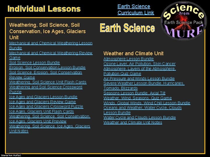 Individual Lessons Earth Science Curriculum Link Weathering, Soil Science, Soil Conservation, Ice Ages, Glaciers