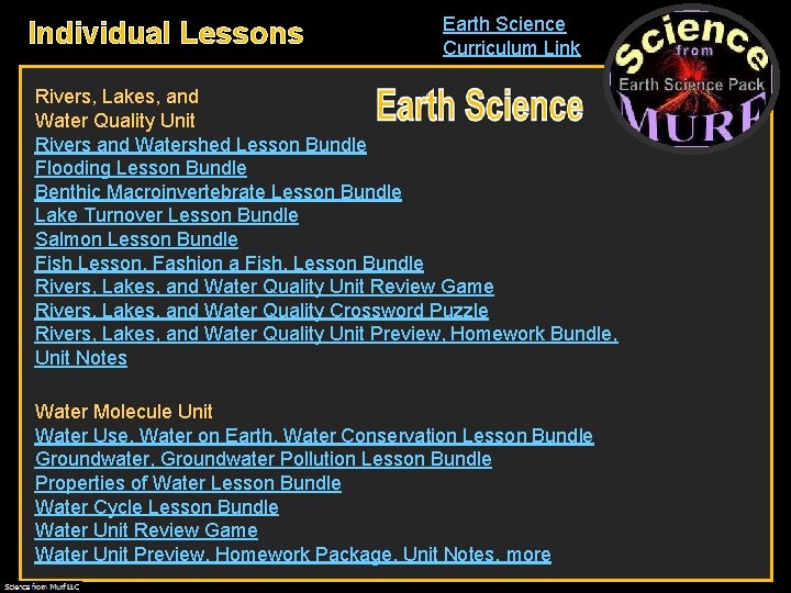 Individual Lessons Earth Science Curriculum Link Rivers, Lakes, and Water Quality Unit Rivers and