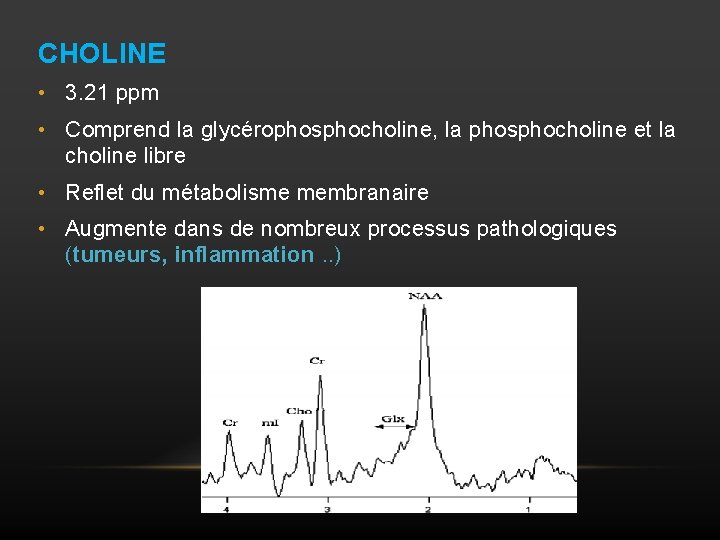 CHOLINE • 3. 21 ppm • Comprend la glycérophosphocholine, la phosphocholine et la choline