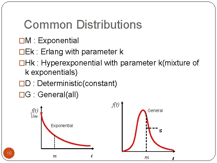 Common Distributions �M : Exponential �Ek : Erlang with parameter k �Hk : Hyperexponential