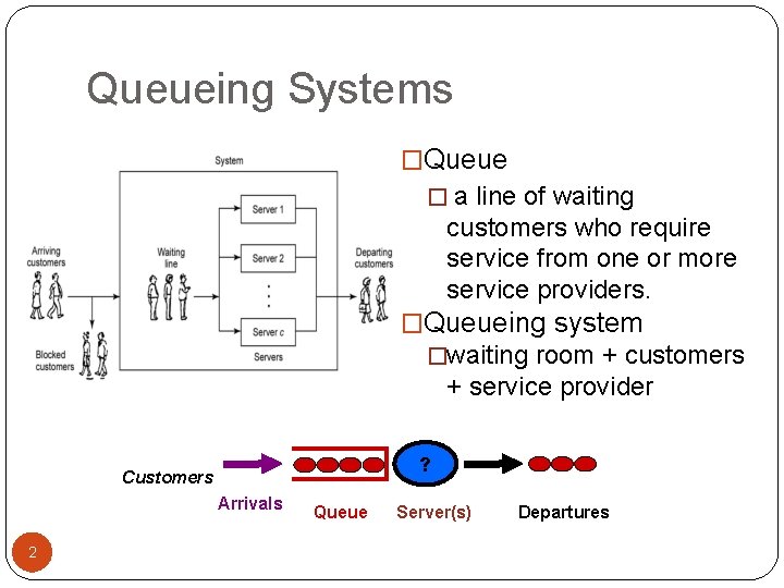 Queueing Systems �Queue � a line of waiting customers who require service from one