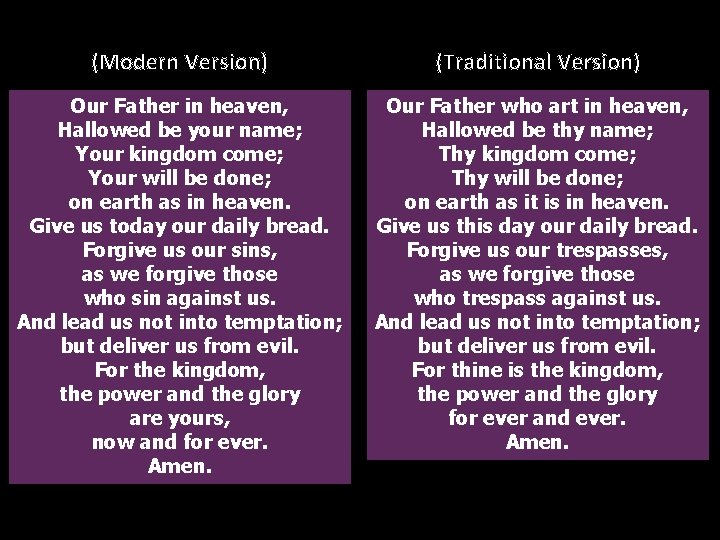(Modern Version) (Traditional Version) Our Father in heaven, Hallowed be your name; Your kingdom