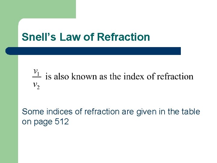 Snell’s Law of Refraction Some indices of refraction are given in the table on