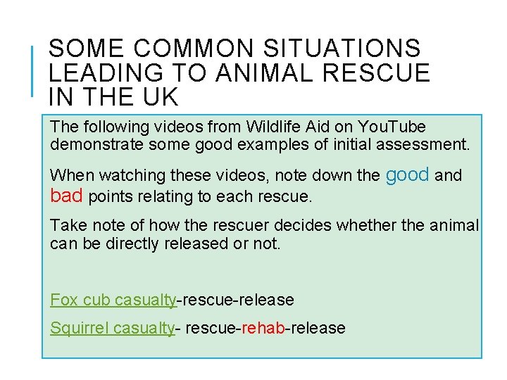 SOME COMMON SITUATIONS LEADING TO ANIMAL RESCUE IN THE UK The following videos from