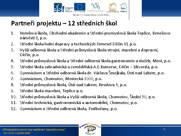 Partneři projektu – 12 středních škol 1. Hotelová škola, Obchodní akademie a Střední prumyslová