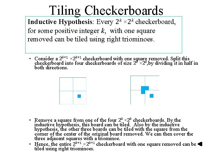 Tiling Checkerboards Inductive Hypothesis: Every 2 k × 2 k checkerboard, for some positive