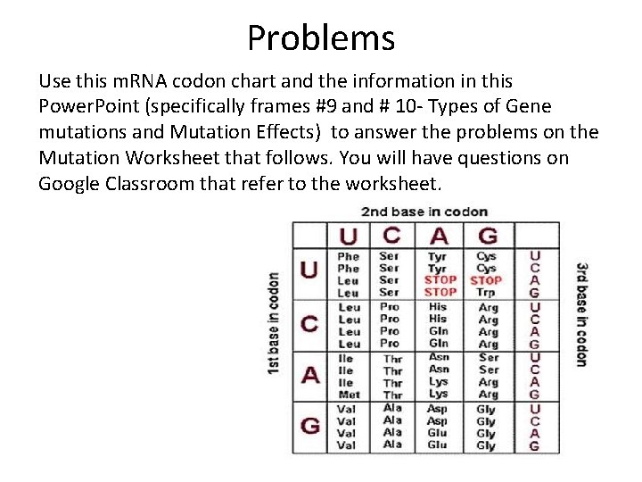Problems Use this m. RNA codon chart and the information in this Power. Point