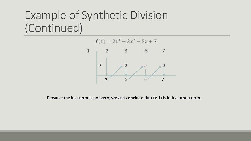 Example of Synthetic Division (Continued) 0 2 2 5 0 7 Because the last