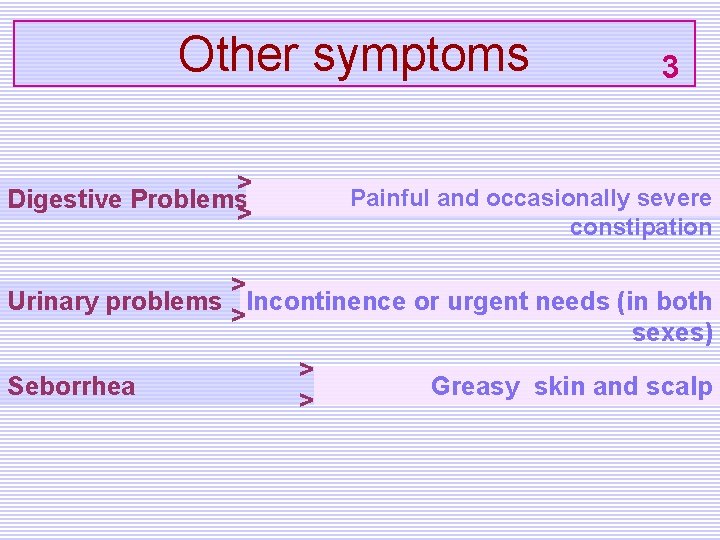 Other symptoms > Digestive Problems > 3 Painful and occasionally severe constipation > Urinary
