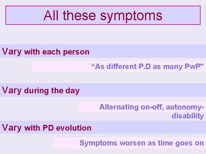 All these symptoms Vary with each person “As different P. D as many Pw.