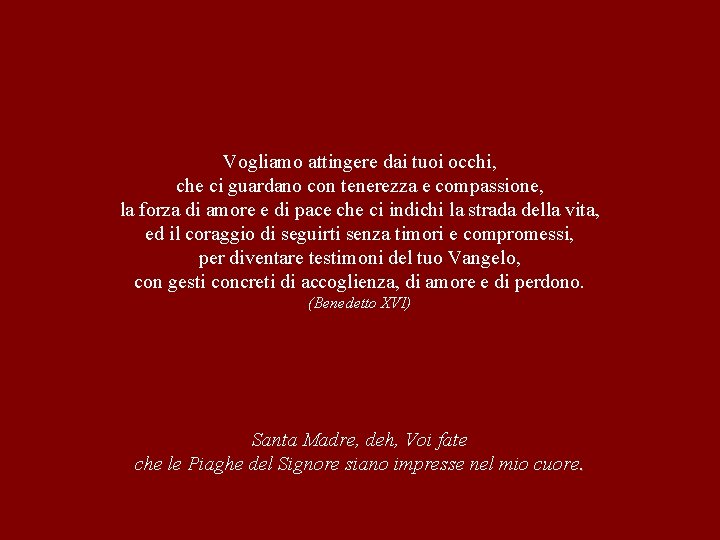 Vogliamo attingere dai tuoi occhi, che ci guardano con tenerezza e compassione, la forza