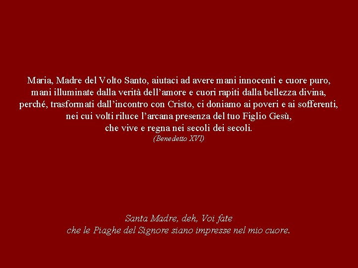 Maria, Madre del Volto Santo, aiutaci ad avere mani innocenti e cuore puro, mani