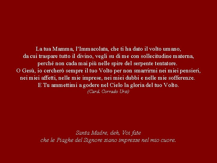 La tua Mamma, l’Immacolata, che ti ha dato il volto umano, da cui traspare