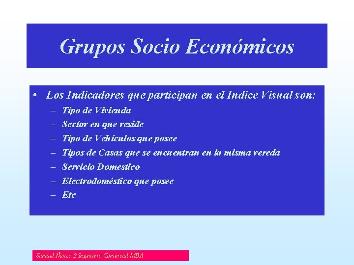 Grupos Socio Económicos • Los Indicadores que participan en el Indice Visual son: –