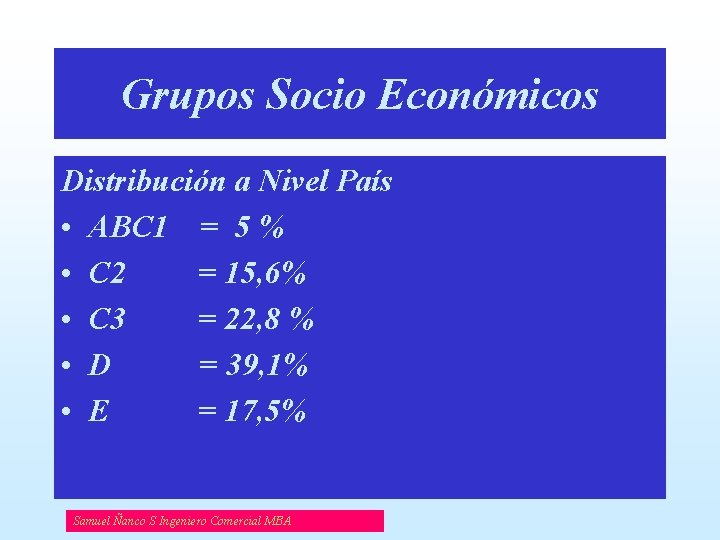 Grupos Socio Económicos Distribución a Nivel País • ABC 1 = 5 % •