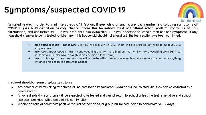 Symptoms/suspected COVID 19 As stated before, in order to minimise spread of infection, if