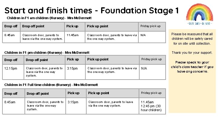 Start and finish times - Foundation Stage 1 Children in F 1 am children