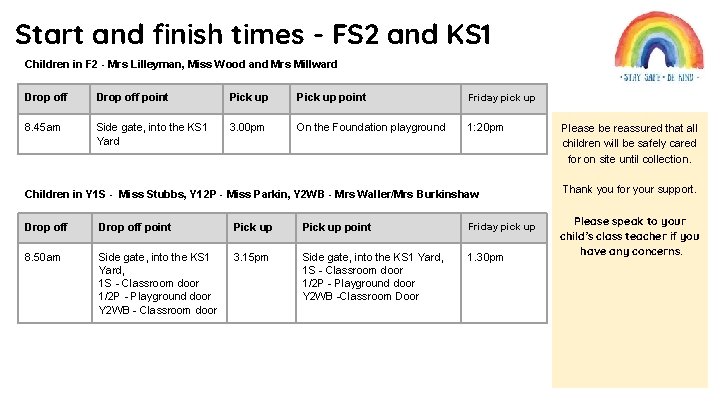 Start and finish times - FS 2 and KS 1 Children in F 2
