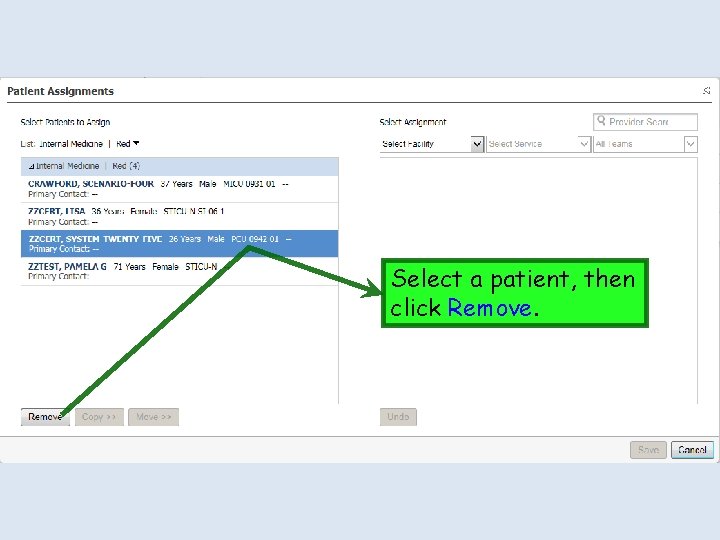 Select a patient, then click Remove. Select a patient, then click Remove.