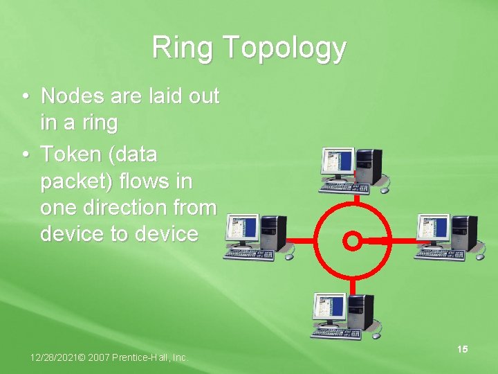 Ring Topology • Nodes are laid out in a ring • Token (data packet)