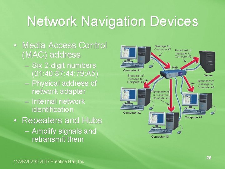 Network Navigation Devices • Media Access Control (MAC) address – Six 2 -digit numbers