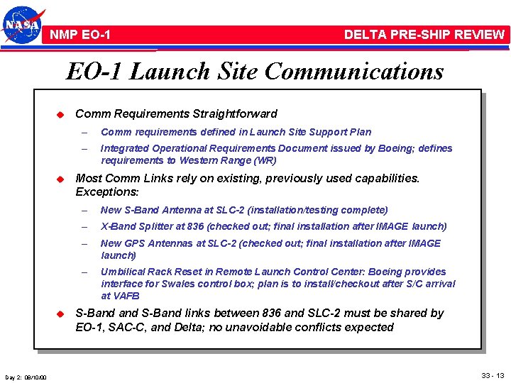 NMP /EO-1 NMP EO-1 DELTA PRE-SHIP REVIEW EO-1 Launch Site Communications u u u