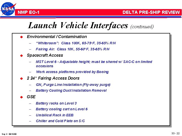 NMP /EO-1 NMP EO-1 DELTA PRE-SHIP REVIEW Launch Vehicle Interfaces (continued) u u Day