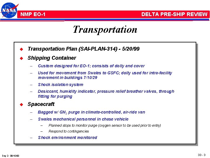 NMP /EO-1 NMP EO-1 DELTA PRE-SHIP REVIEW Transportation u Transportation Plan (SAI-PLAN-314) - 5/20/99