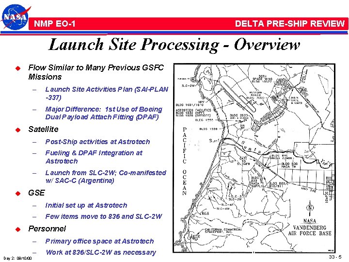 NMP /EO-1 NMP EO-1 DELTA PRE-SHIP REVIEW Launch Site Processing - Overview u u