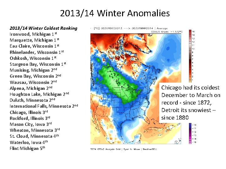 2013/14 Winter Anomalies 2013/14 Winter Coldest Ranking Ironwood, Michigan 1 st Marquette, Michigan 1