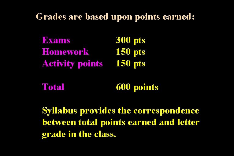 Grades are based upon points earned: Exams Homework Activity points 300 pts 150 pts