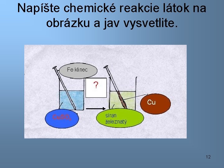 Napíšte chemické reakcie látok na obrázku a jav vysvetlite. 12 