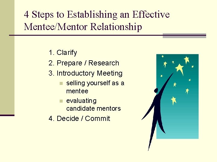 4 Steps to Establishing an Effective Mentee/Mentor Relationship 1. Clarify 2. Prepare / Research
