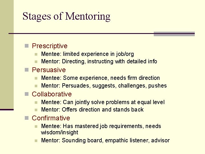 Stages of Mentoring n Prescriptive n n Mentee: limited experience in job/org Mentor: Directing,