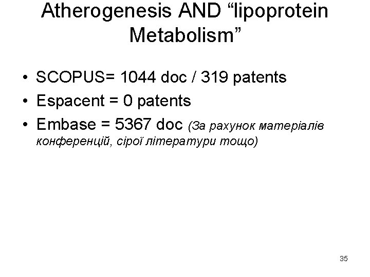Atherogenesis AND “lipoprotein Metabolism” • SCOPUS= 1044 doc / 319 patents • Espacent =