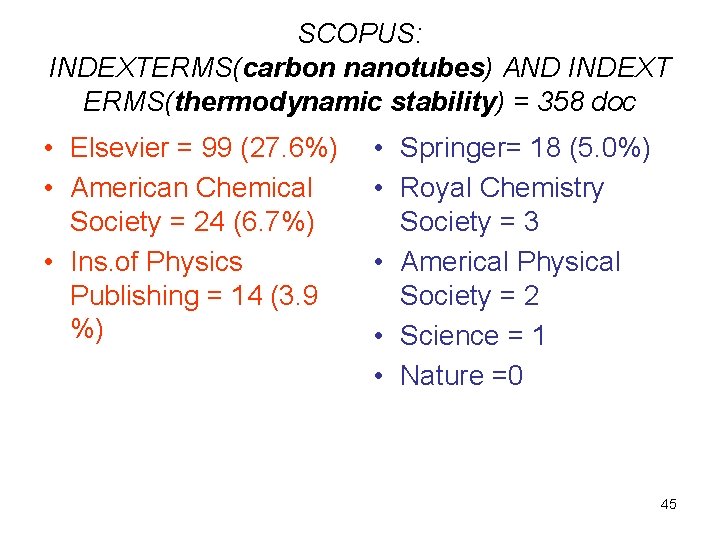 SCOPUS: INDEXTERMS(carbon nanotubes) AND INDEXT ERMS(thermodynamic stability) = 358 doc • Elsevier = 99