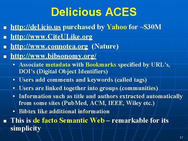 Delicious ACES n n http: //del. icio. us purchased by Yahoo for ~$30 M