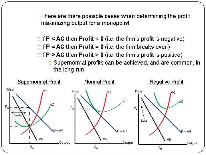 �There are there possible cases when determining the profit maximizing output for a monopolist