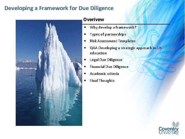 Developing a Framework for Due Diligence Overivew § Why develop a framework? § Types