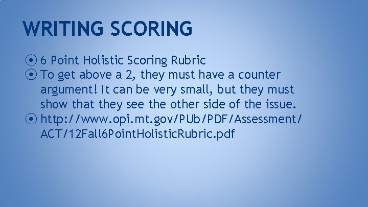 WRITING SCORING ⦿ 6 Point Holistic Scoring Rubric ⦿ To get above a 2,