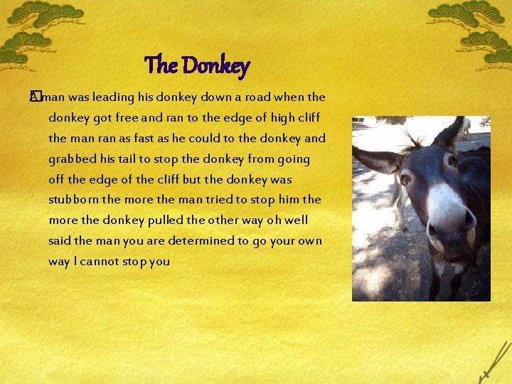 The Donkey A man was leading his donkey down a road when the �