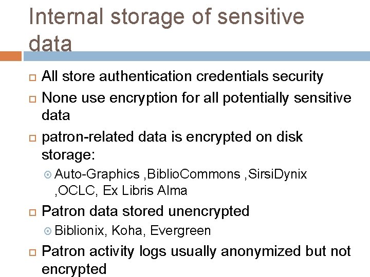 Internal storage of sensitive data All store authentication credentials security None use encryption for