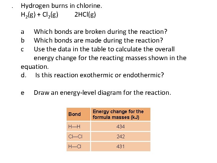 3. Hydrogen burns in chlorine. H 2(g) + Cl 2(g) 2 HCl(g) a b