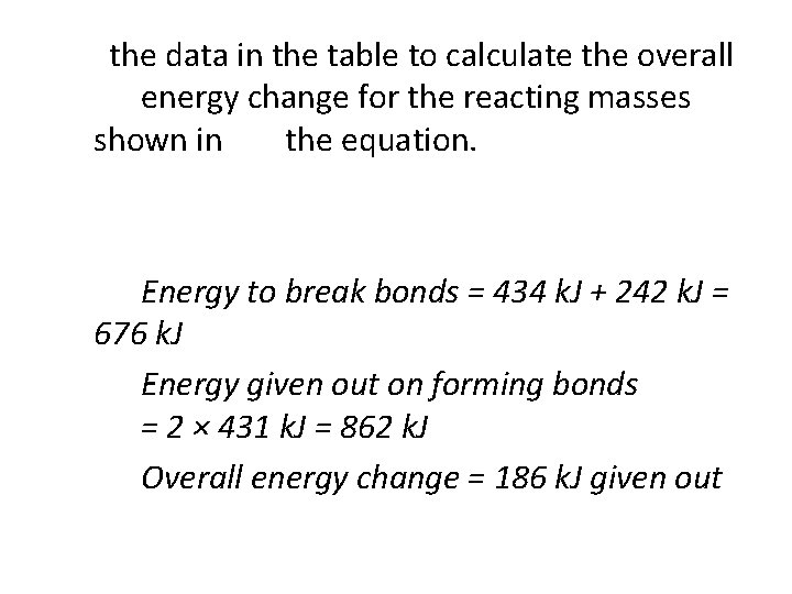 Use the data in the table to calculate the overall energy change for the